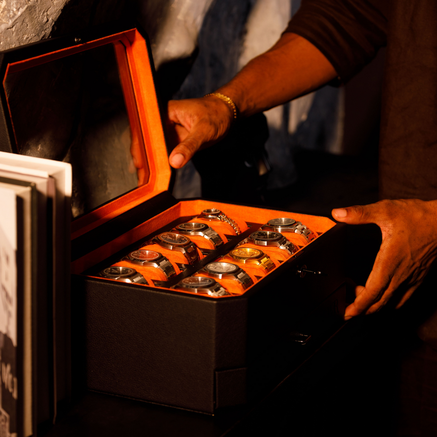Duke Watch Box With Drawer - Black X Orange