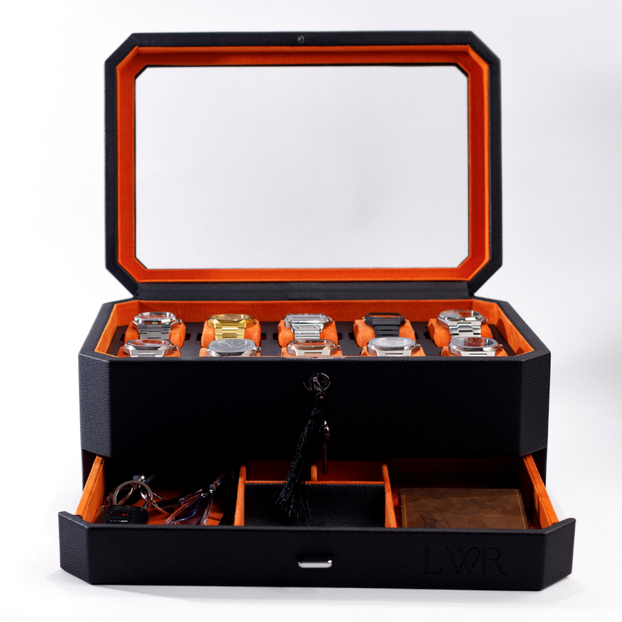 Duke Watch Box With Drawer - Black X Orange