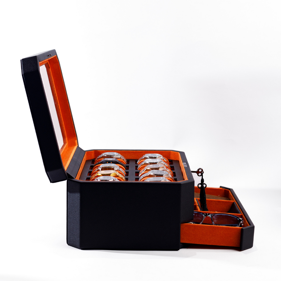 Duke Watch Box With Drawer - Black X Orange