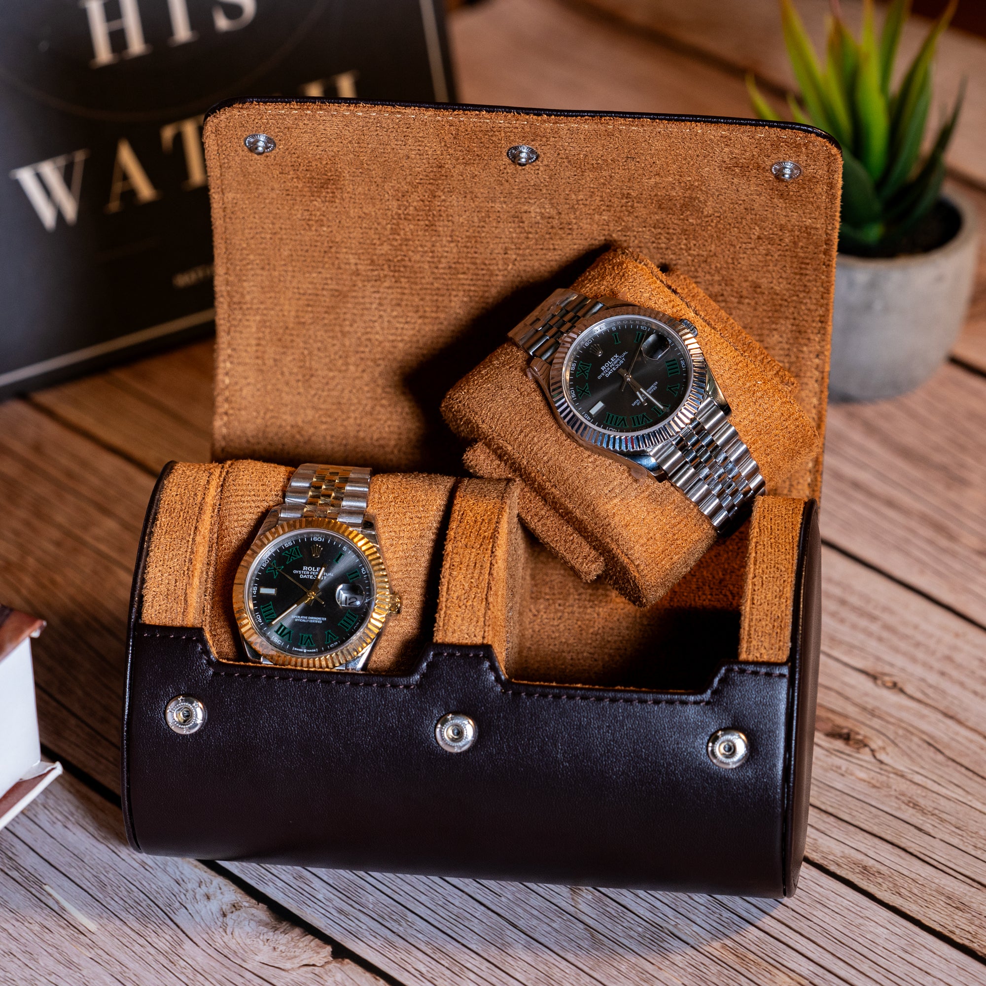 2 Slot Pecan Brown LWR Case - luxurywatchroll