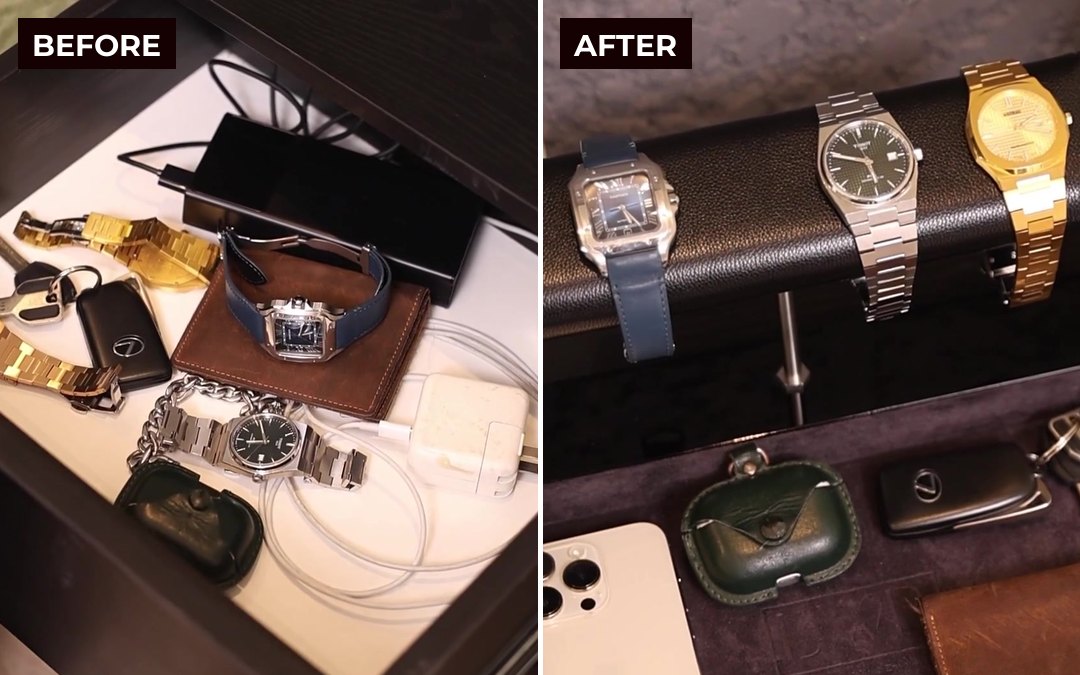 Before: watches, keys and cables thrown in a drawer. After: watches on the LWR leather pillow, everything else in the tray